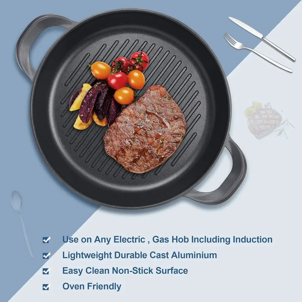 Vinchef Nonstick Grill Pan 13 In. Skillet, Indoor Induction Cast-aluminum & Lid
